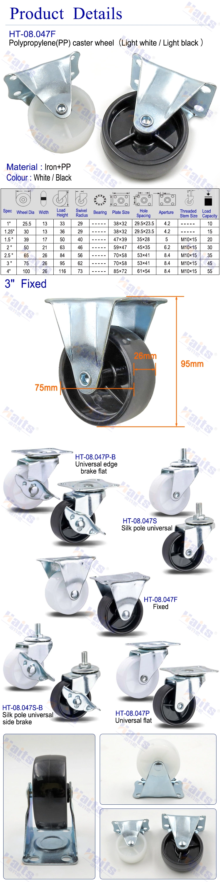 European Industrial Total Lock Brake Threaded Stem Caster with Rubber Castor Wheel Fixed Type