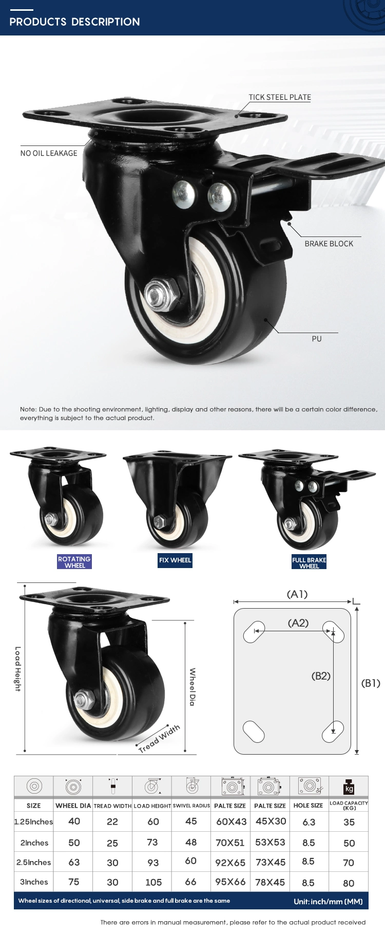 Minsen Light Duty Black PU Wheels Swivel Industrial Caster Wheel